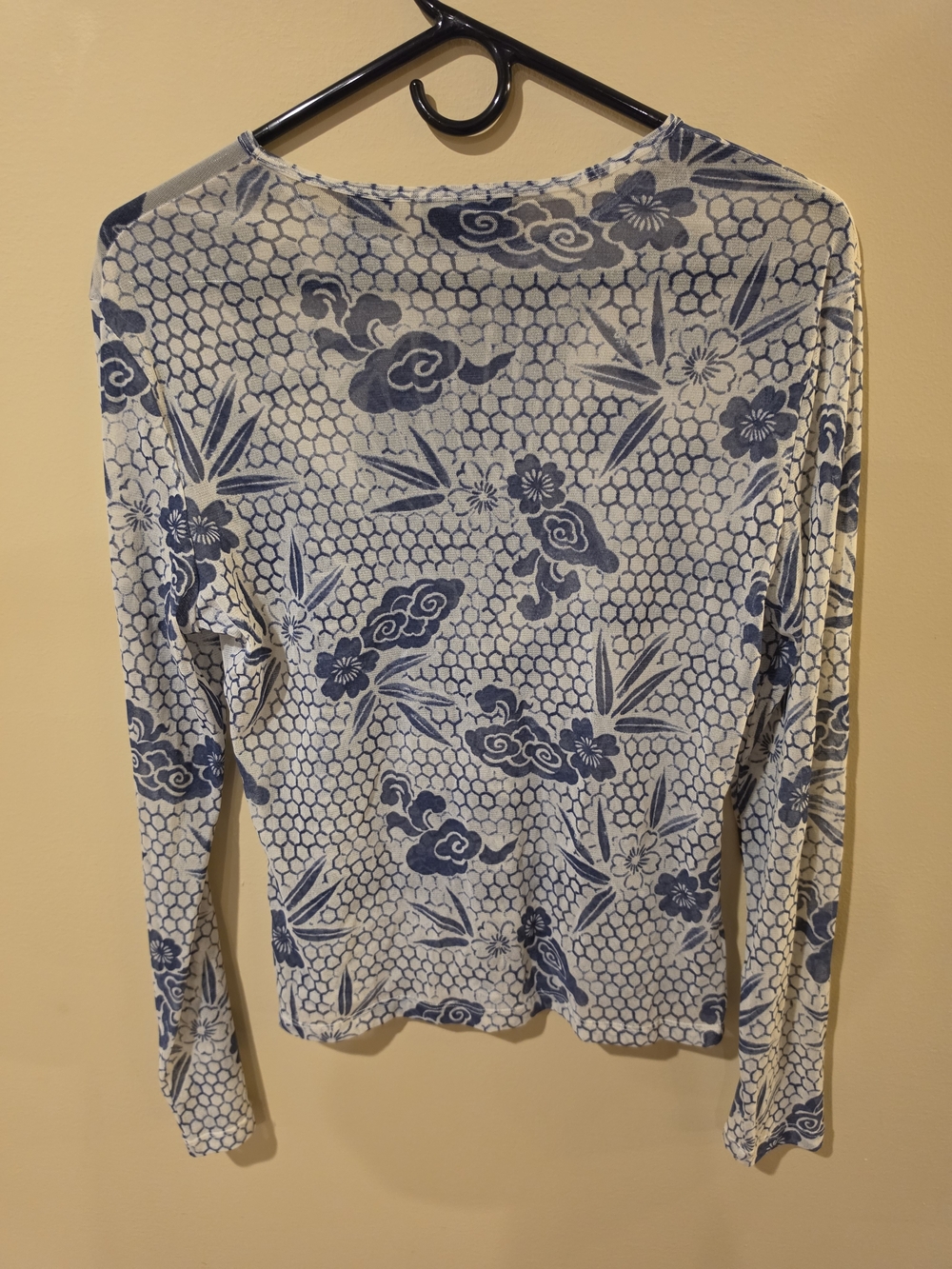 New York & Company White Long-Sleeve Top with Blue Crane Print - Picture 2 of 3